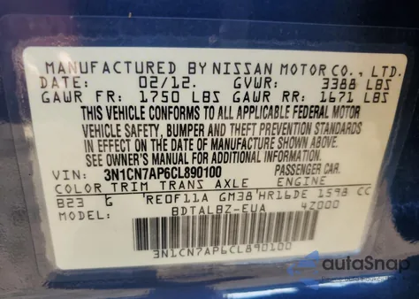 2012 Nissan Versa S z USA, uszkodzony, nr VIN 3N1CN7AP6CL890100